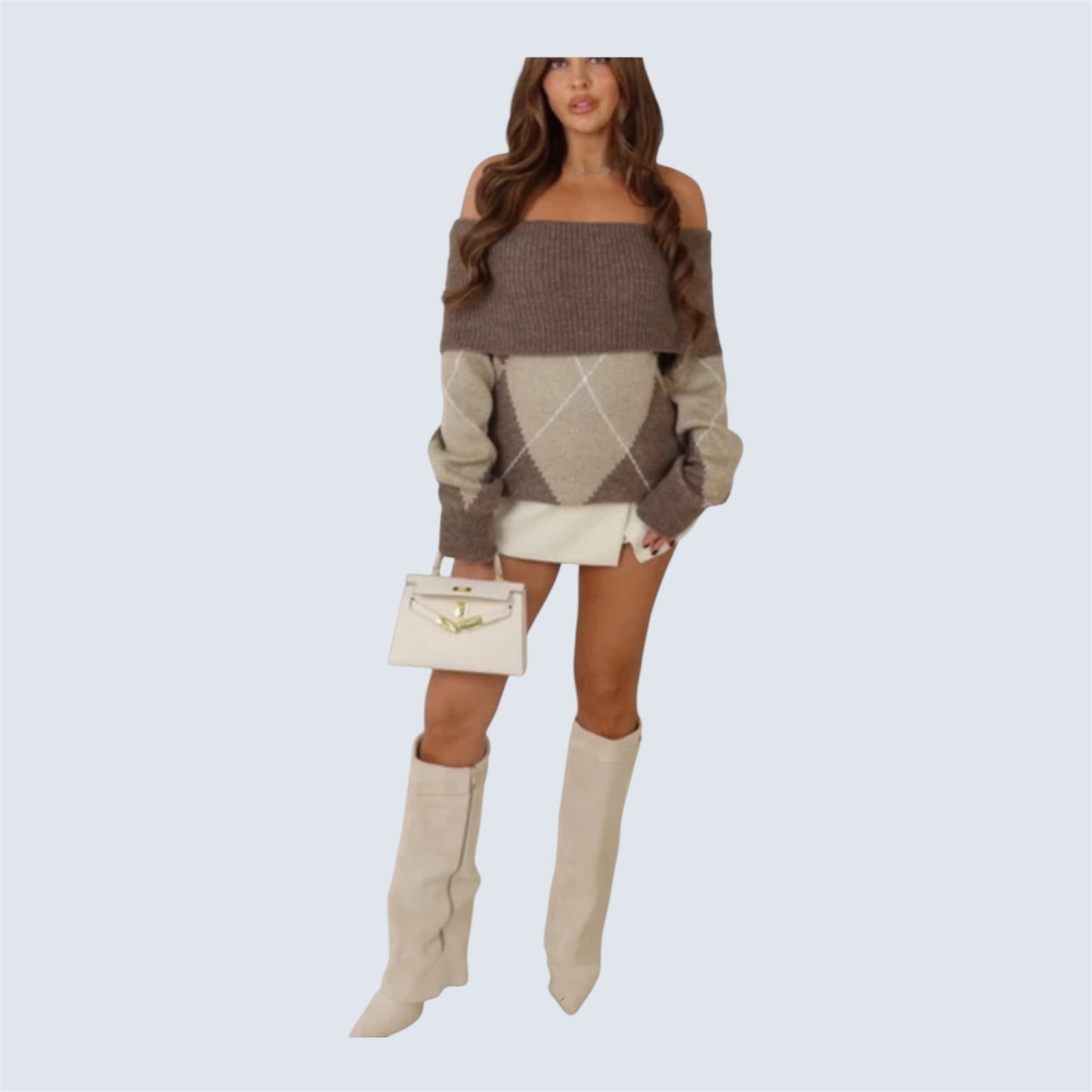 Gebreide Off-shoulder trui met ruit patroon
