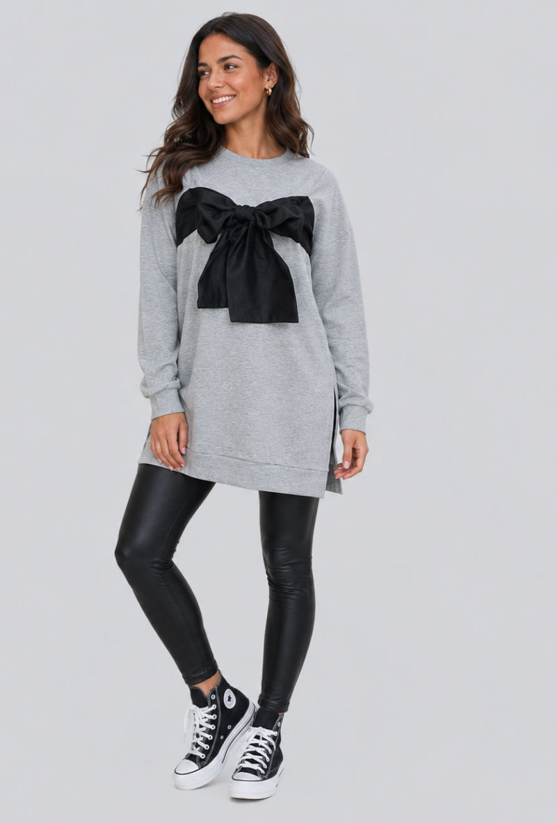 Grijze Sweaterjurk met Zwarte Strik | Casual & Trendy