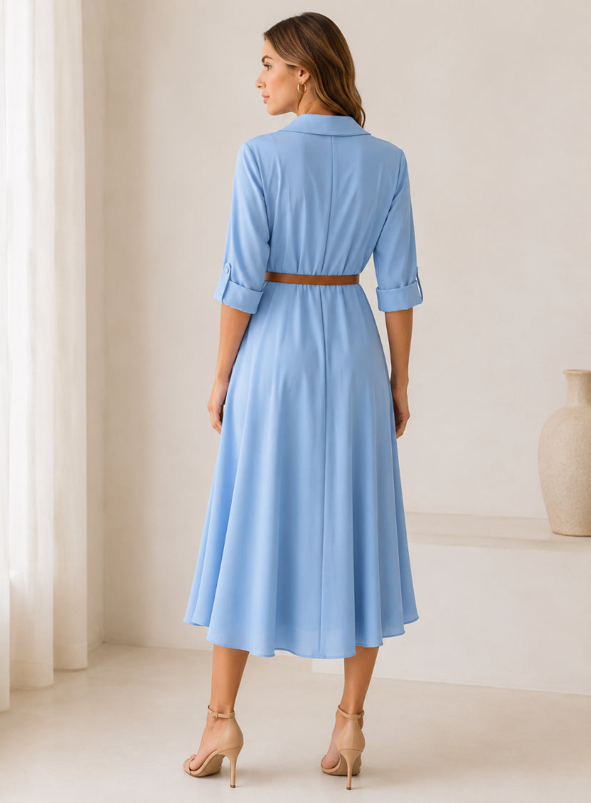 Elegante Midi Jurk met Ceintuur Lichtblauw & Beige
