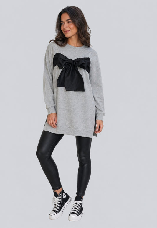Grijze Sweaterjurk met Zwarte Strik | Casual & Trendy
