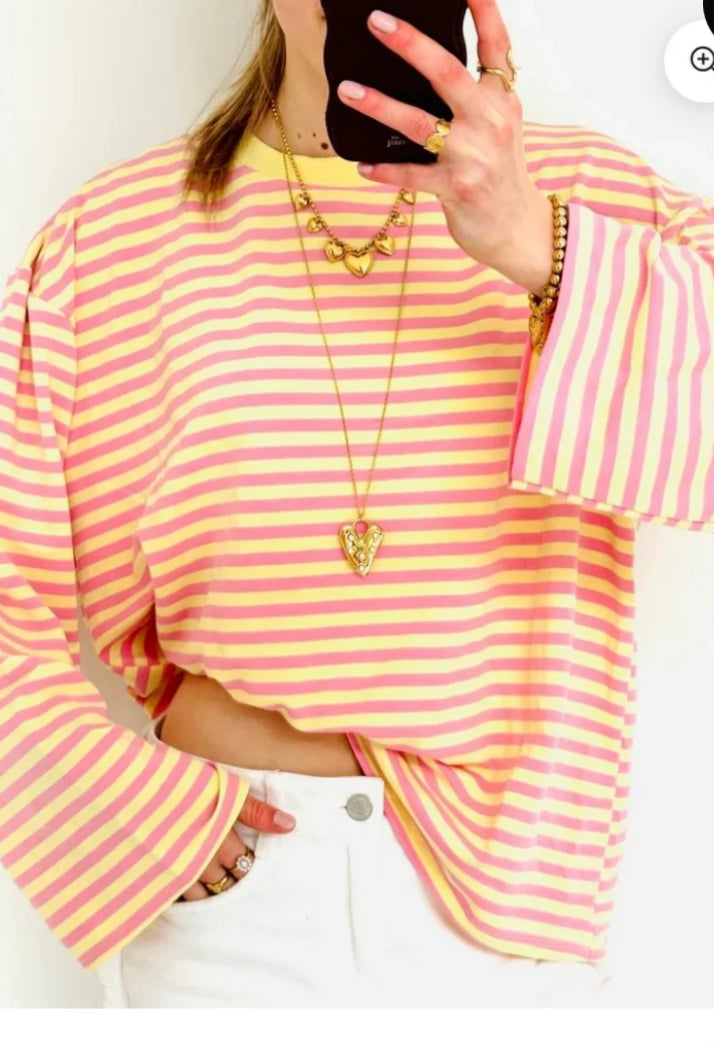 casual stripe longsleeve Roze/geel