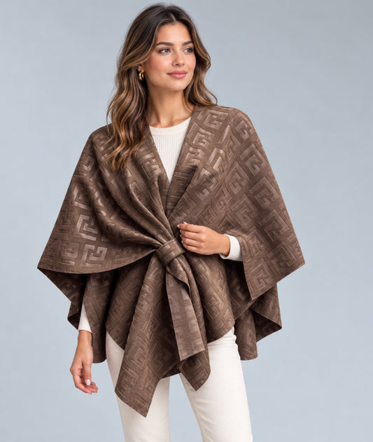 Redwine en Donkerbruin Jacquard Poncho Wrap met Strikdetail