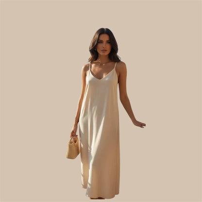 Maxi jurk V-hals met kralen  Taupe en Beige