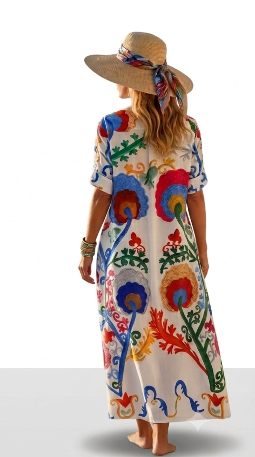 kleurrijke Boho Maxi-jurk met bloemen motief in de Royal Blue