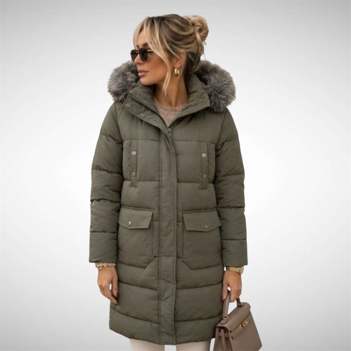 Puffer winterjas  Khaki groen met capuchon (levering 12 okt)