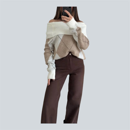 Gebreide Off-shoulder trui met ruit patroon