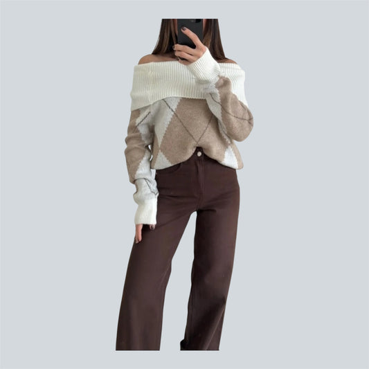 Gebreide Off-shoulder trui met ruit patroon