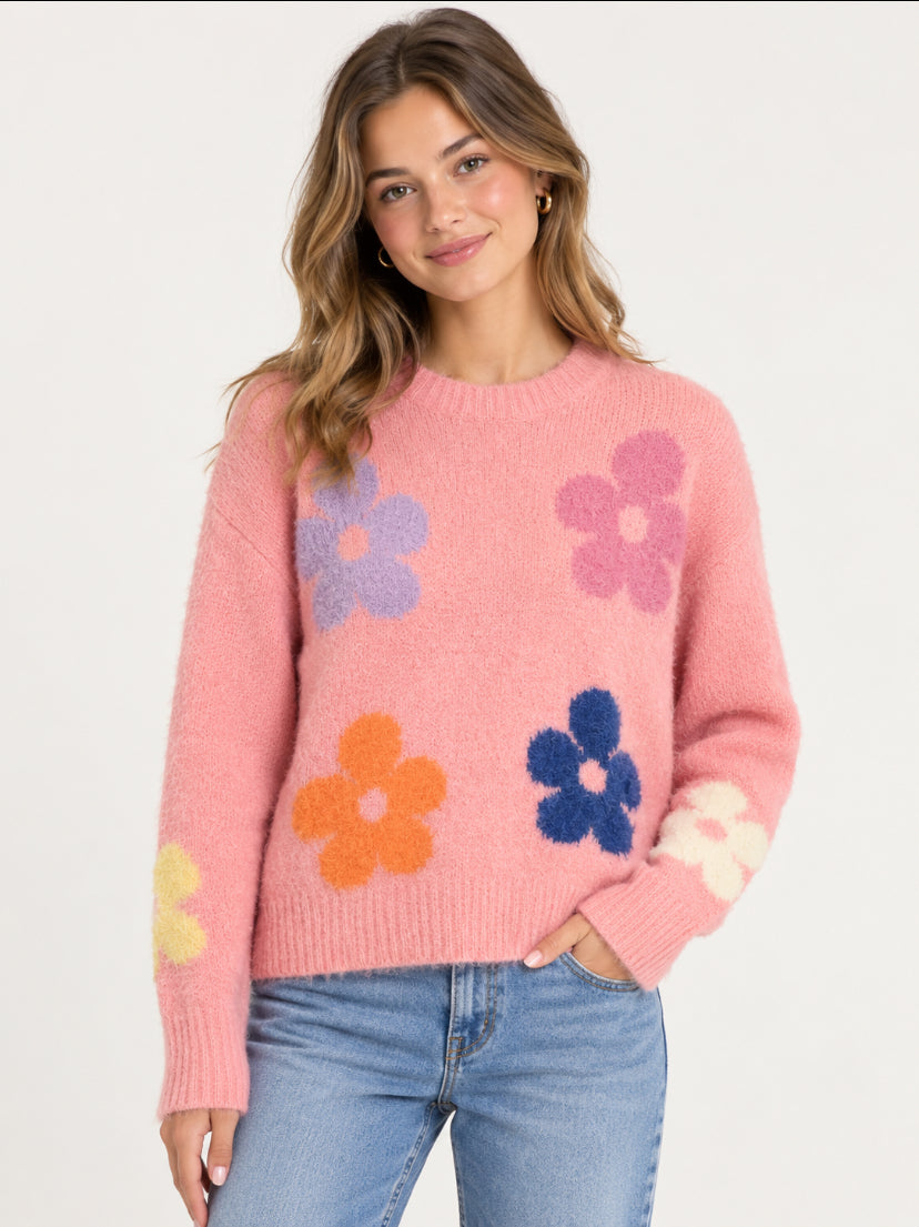 Roze Gebreide Trui met Kleurrijke Bloemen