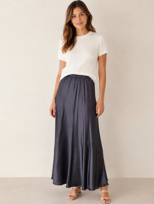 Midi Rok Satijn Navy