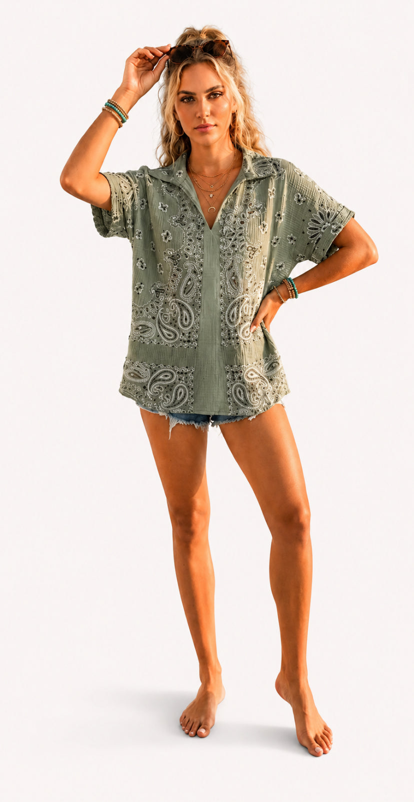 Bandana blouse roze en Khaki