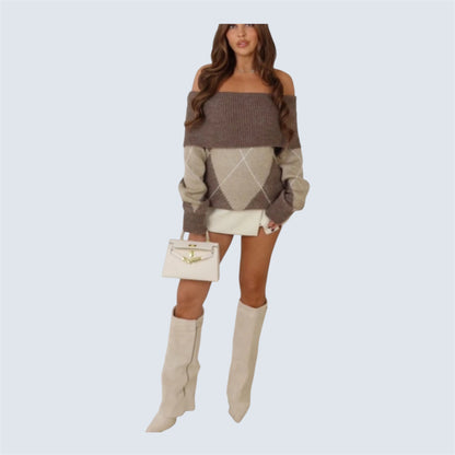 Gebreide Off-shoulder trui met ruit patroon