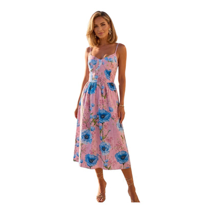 Midi jurk met blauwe bloemen print en Spaghettibandjes