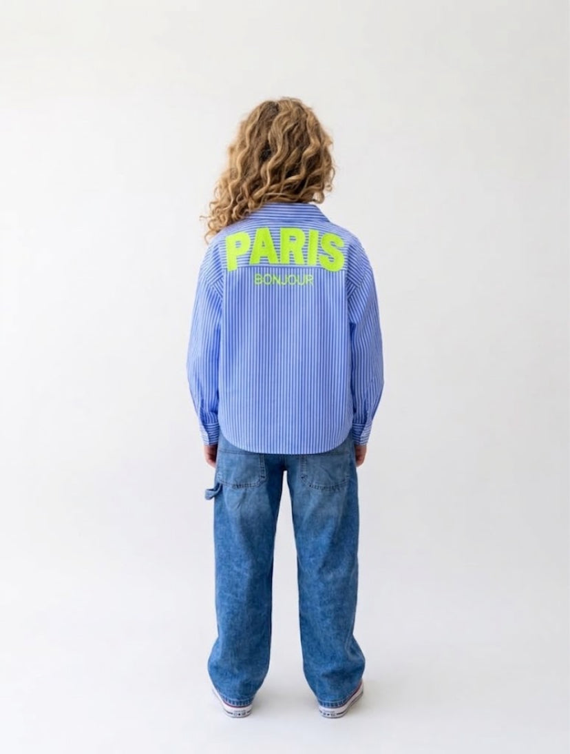 Klassieke blauw/ wit gestreepte blouse met print Paris Bonjour