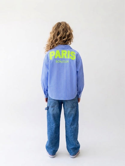 Klassieke blauw/ wit gestreepte blouse met print Paris Bonjour