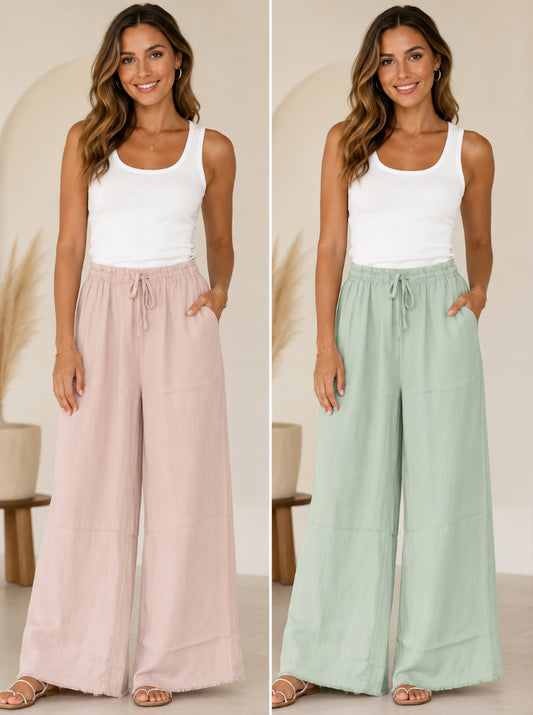 Wide Leg Viscose Broek Poederroze en zachte mintgroene kleur
