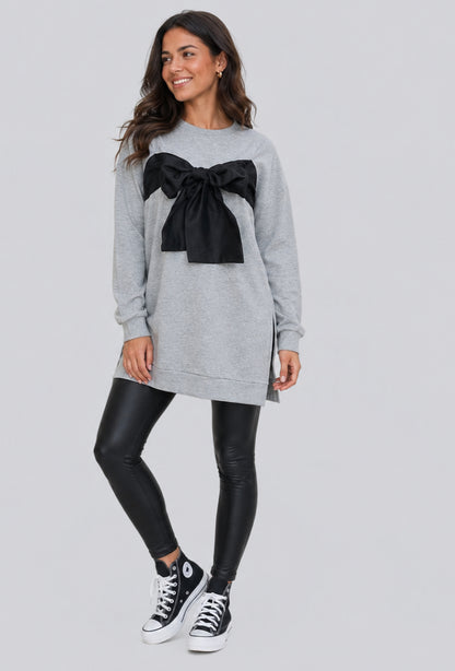 Grijze Sweaterjurk met Zwarte Strik | Casual & Trendy