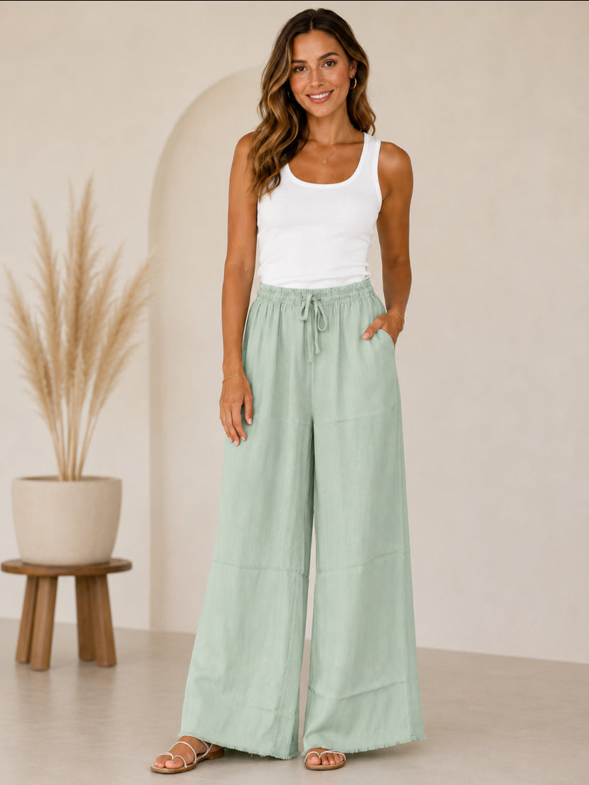 Wide Leg Viscose Broek Poederroze en zachte mintgroene kleur