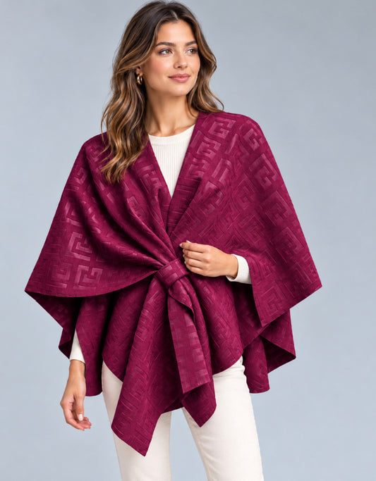Redwine en Donkerbruin Jacquard Poncho Wrap met Strikdetail