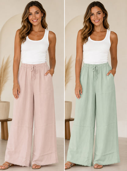 Wide Leg Viscose Broek Poederroze en zachte mintgroene kleur