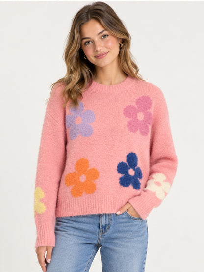 Roze Gebreide Trui met Kleurrijke Bloemen