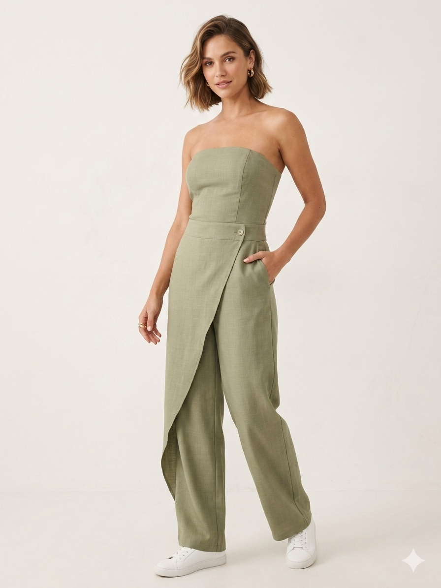 Olijfgroen strapless jumpsuit met overslag detail
