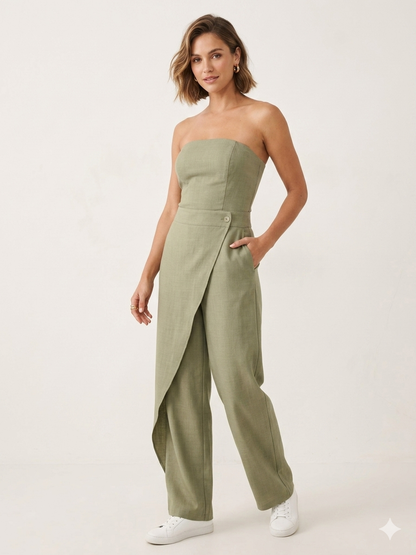 Olijfgroen strapless jumpsuit met overslag detail