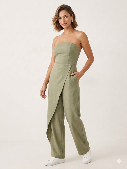 Olijfgroen strapless jumpsuit met overslag detail
