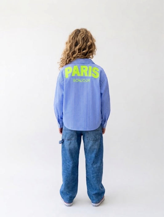 Klassieke blauw/ wit gestreepte blouse met print Paris Bonjour
