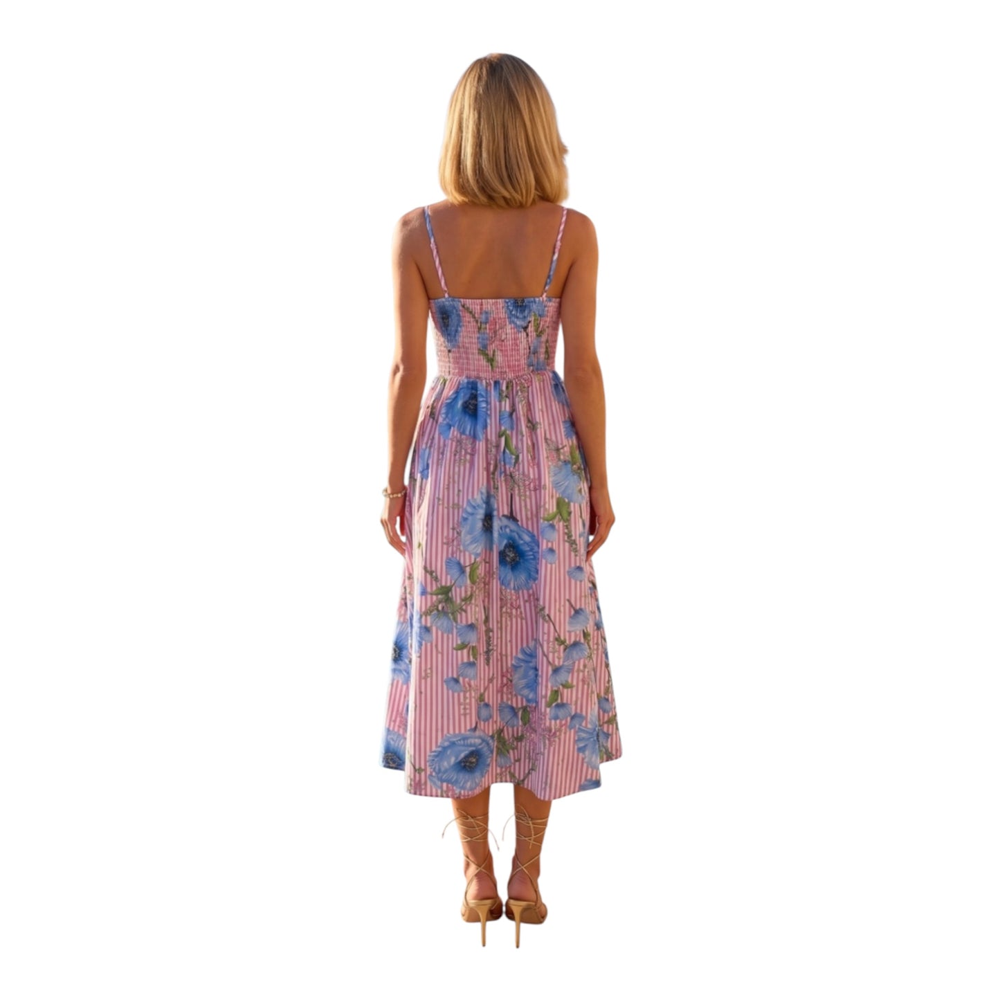 Midi jurk met blauwe bloemen print en Spaghettibandjes