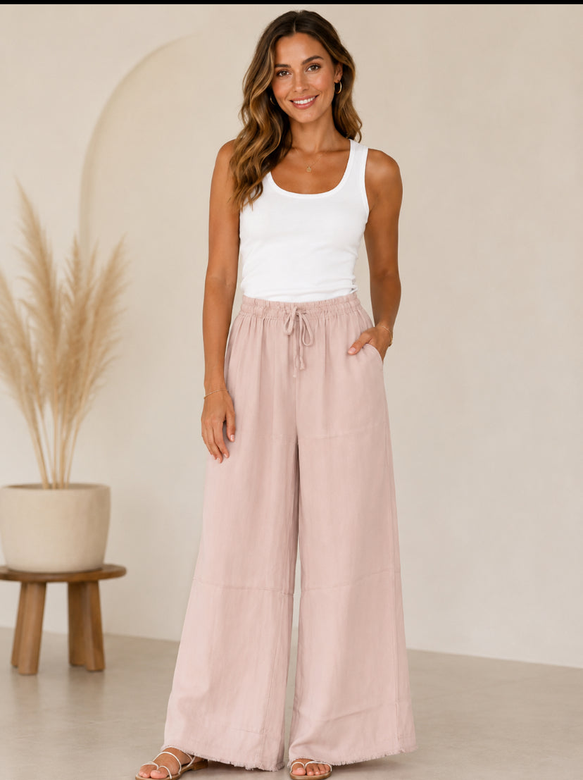 Wide Leg Viscose Broek Poederroze en zachte mintgroene kleur