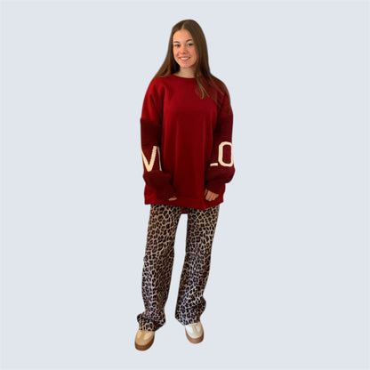 Wijnrode  Oversized  sweater met gebreide mouwen