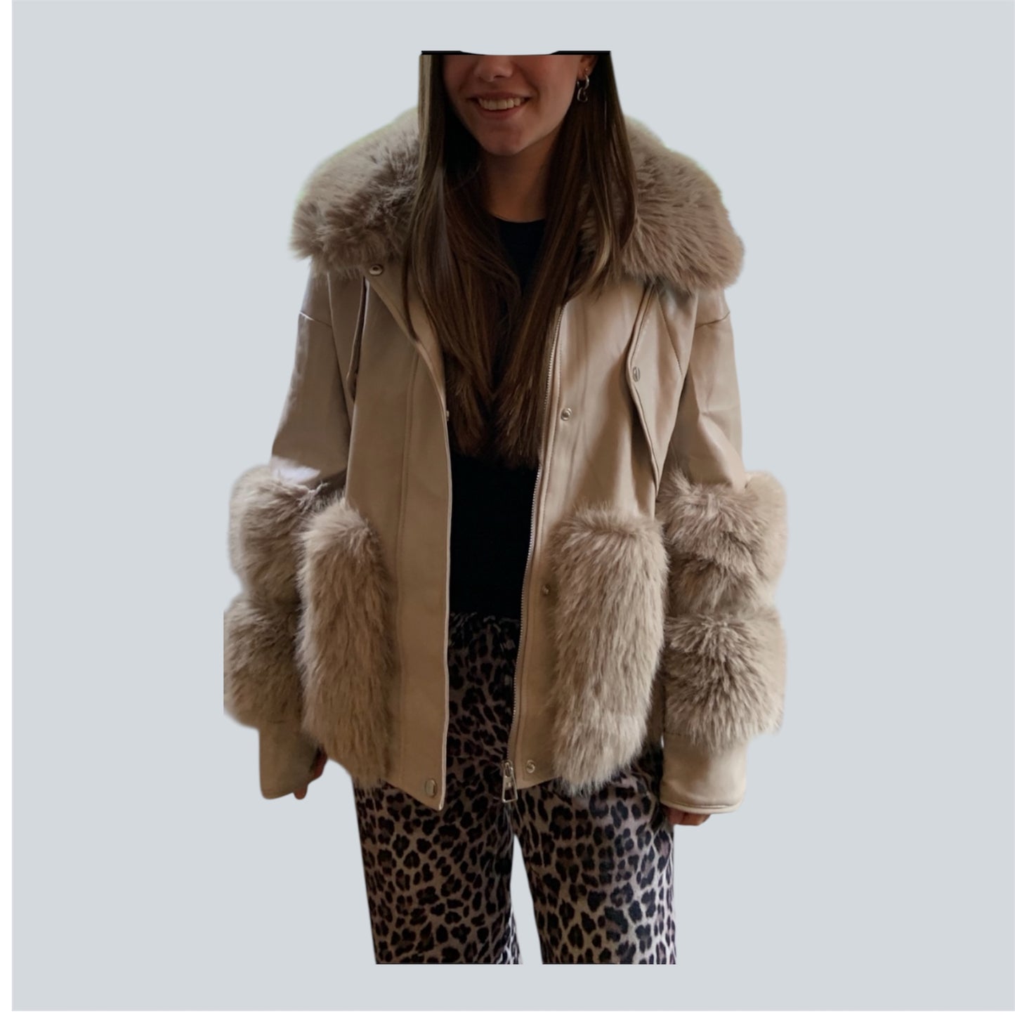 Faux Fur Leather Jacket Beige