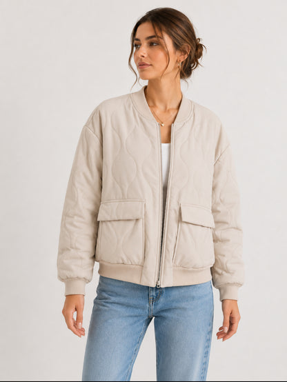 Dames Beige Bomberjack met klepzakken