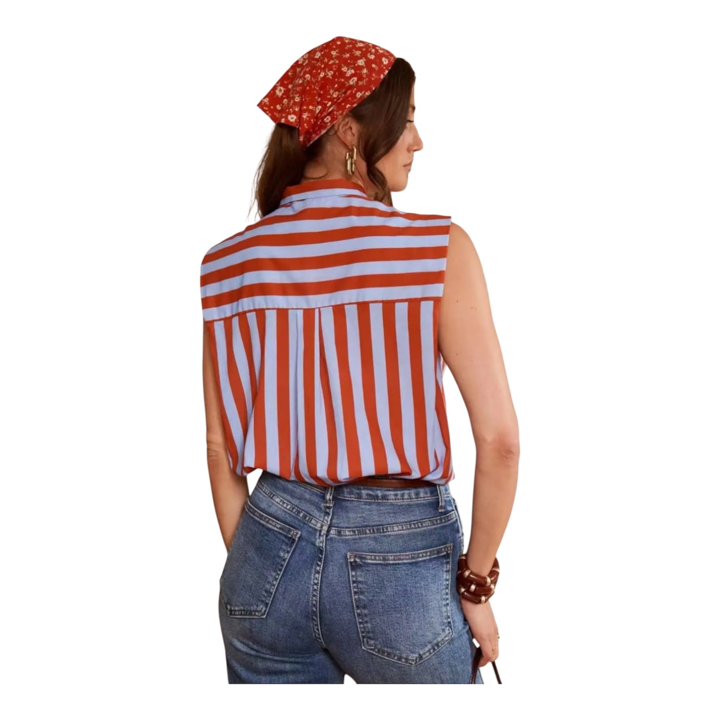 Mouwloze blouse terracotta/blauwe strepen en strik kraag