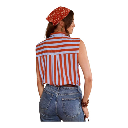 Mouwloze blouse terracotta/blauwe strepen en strik kraag
