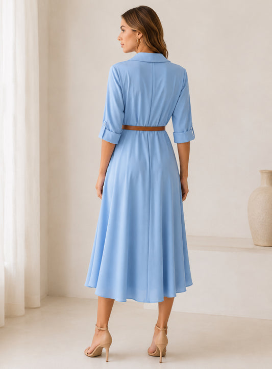 Elegante Midi Jurk met Ceintuur Lichtblauw & Beige