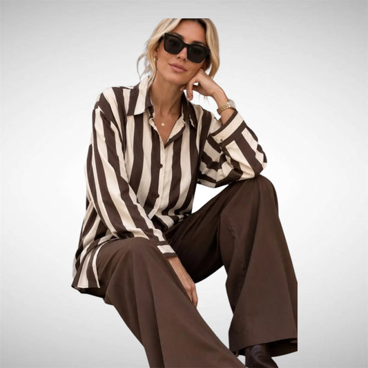 Bruin/Wit Gestreepte Blouse met Klassieke Kraag.