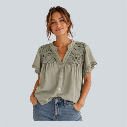 Khaki Groene Boho Blouse met Gehaakte Kant