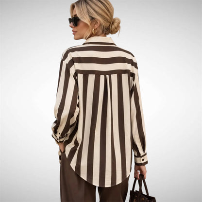Bruin/Wit Gestreepte Blouse met Klassieke Kraag.