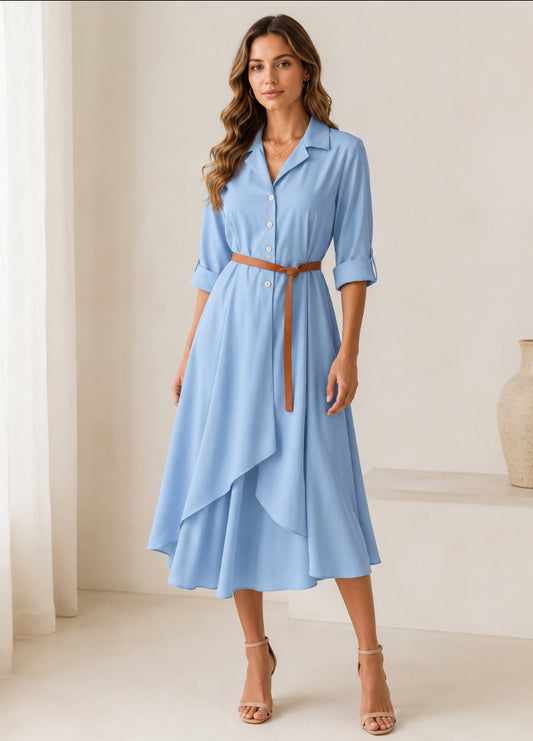 Elegante Midi Jurk met Ceintuur Lichtblauw & Beige