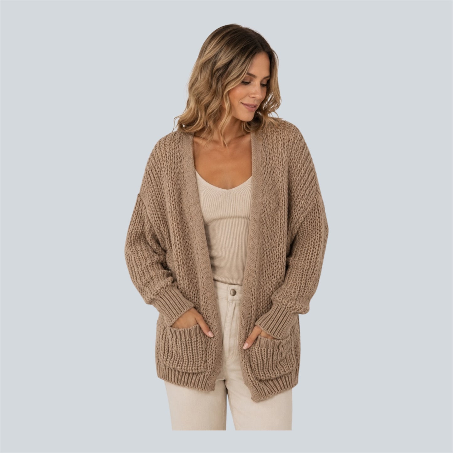 Taupe kleur gebreid vest met Zakken