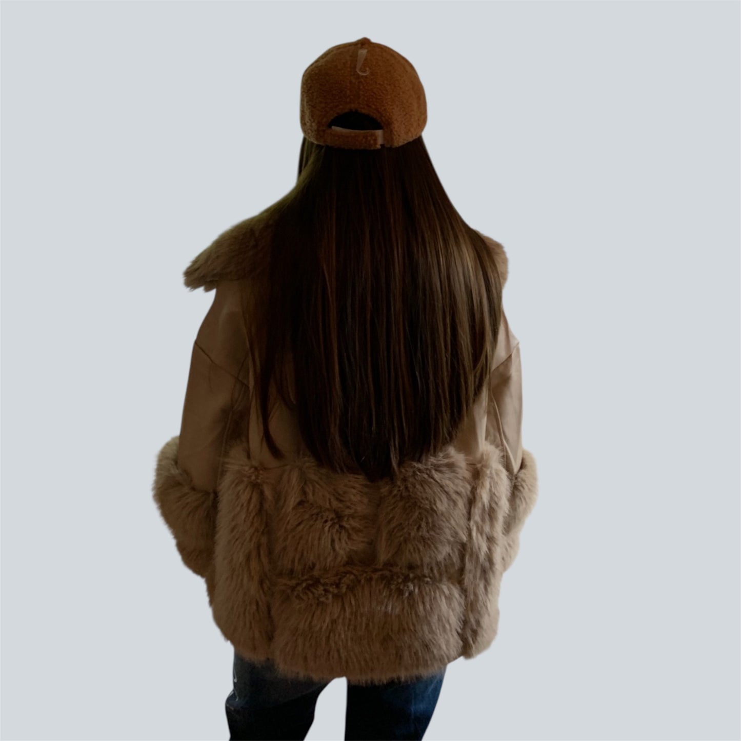 Faux Fur Leather Jacket Beige