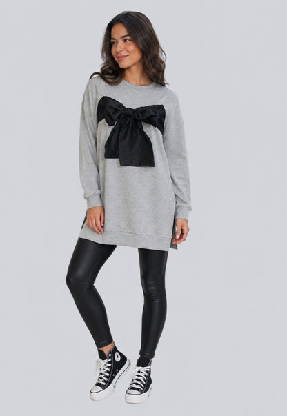 Grijze Sweaterjurk met Zwarte Strik | Casual & Trendy