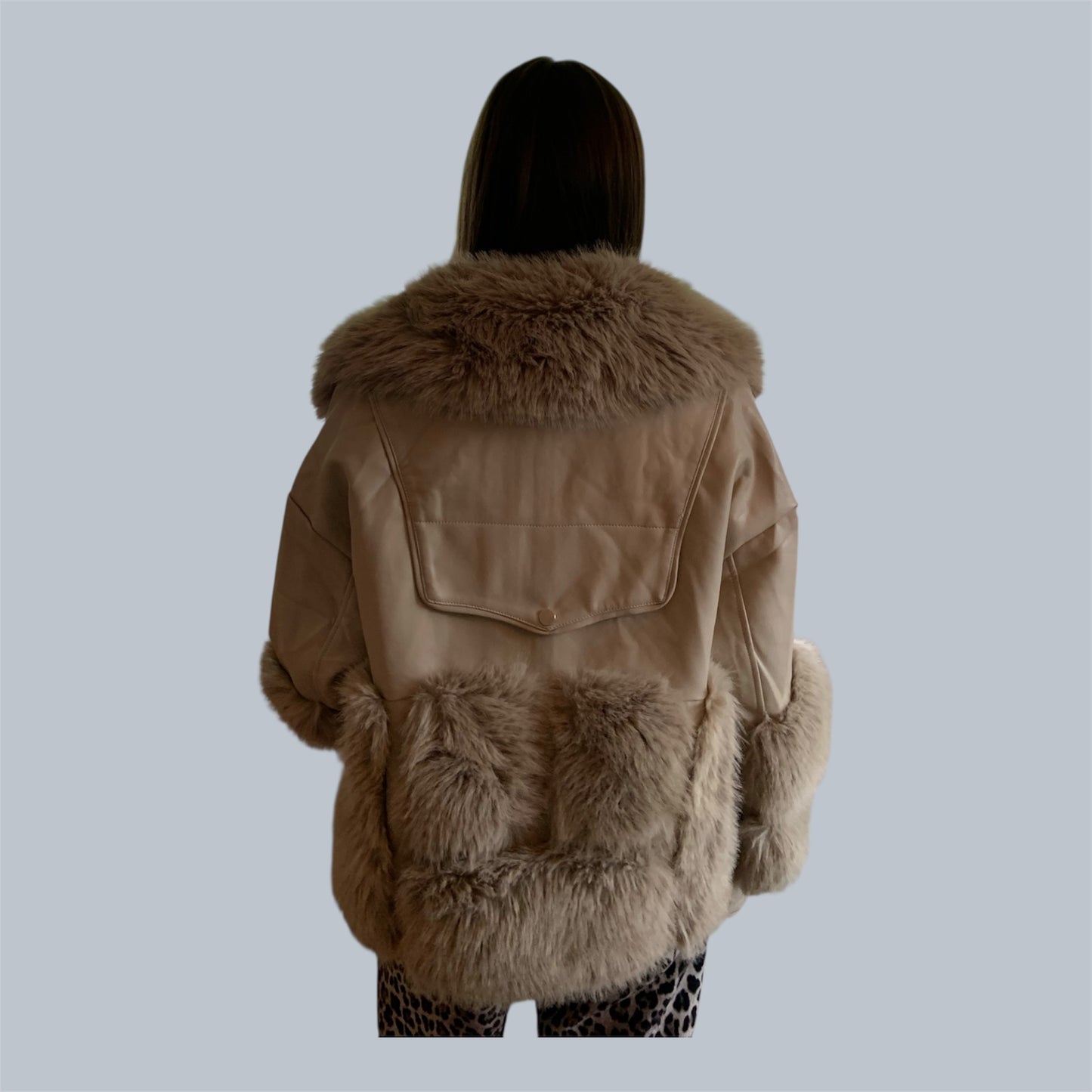Faux Fur Leather Jacket Beige
