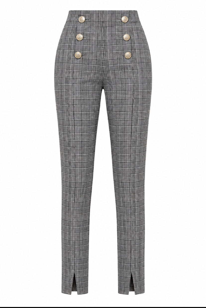 High Waist Geruite Broek met  zilveren Knopen & Split aan de onderkant