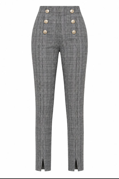 High Waist Geruite Broek met  zilveren Knopen & Split aan de onderkant