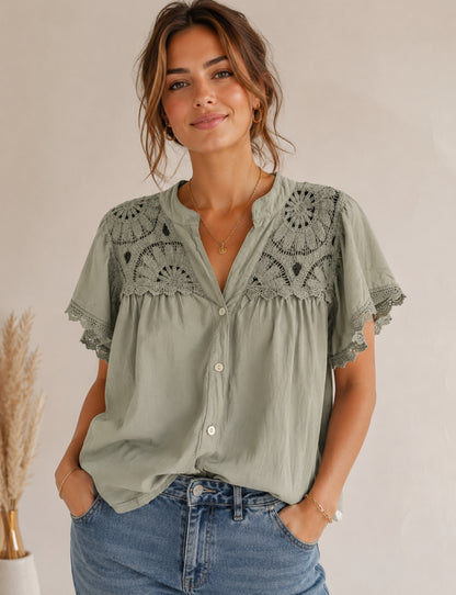 Khaki Groene Boho Blouse met Gehaakte Kant
